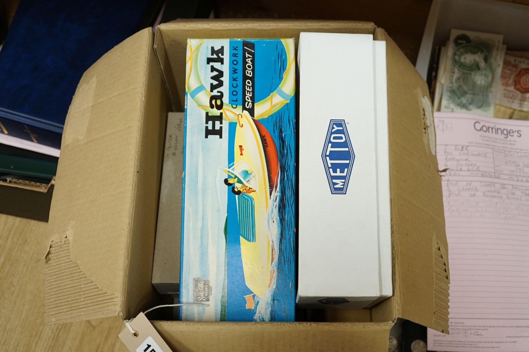 Various boxed German Waterline ship models, Sutcliffe Hawk Speedboat and other toys